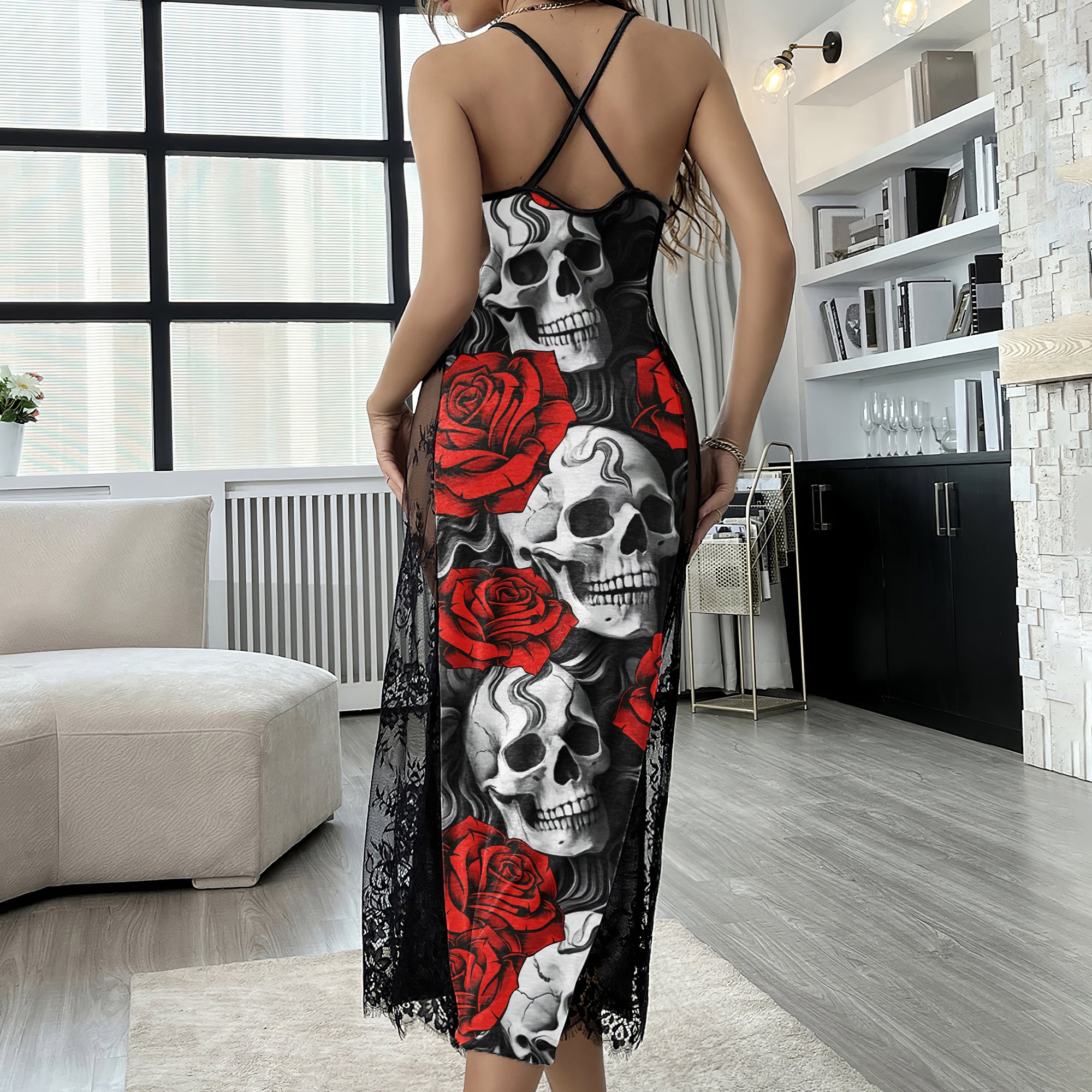 Skull Rose Gothic Art Women's Lace Cami Sleepwear