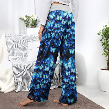 Blue Skull Butterfly Women's High-waisted Wide Leg Pants | Wonder Skull