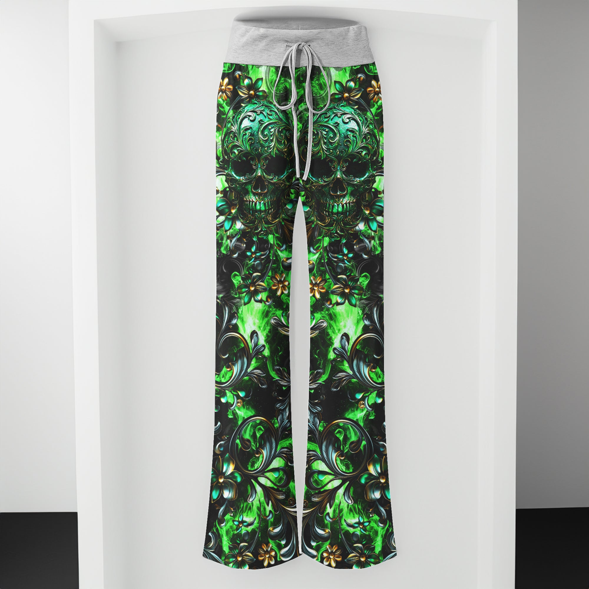 Green Filigree Skull Art Women's High-waisted Wide Leg Pants | Wonder Skull