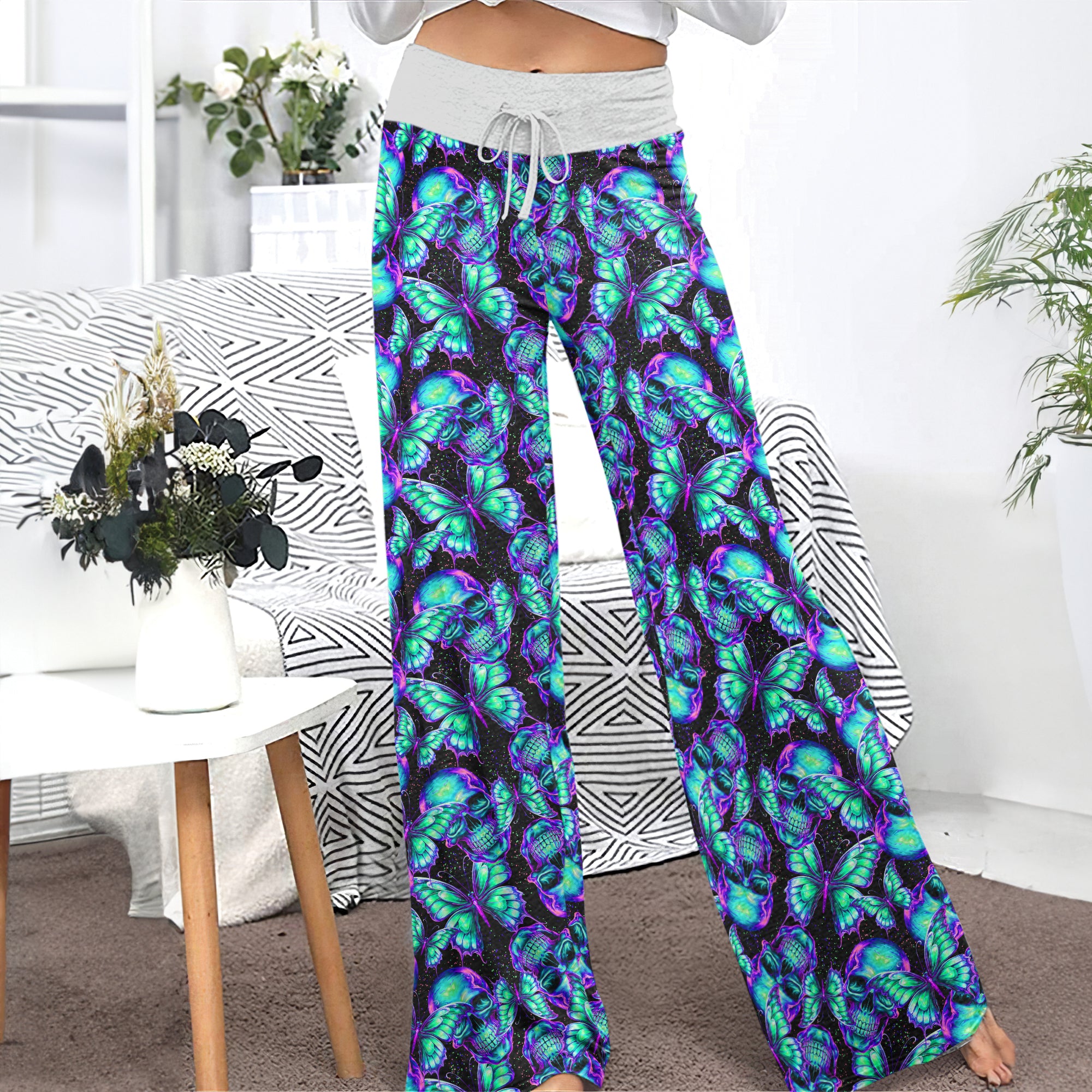Neon Mystic Butterfly Skulls Women's High-waisted Wide Leg Pants