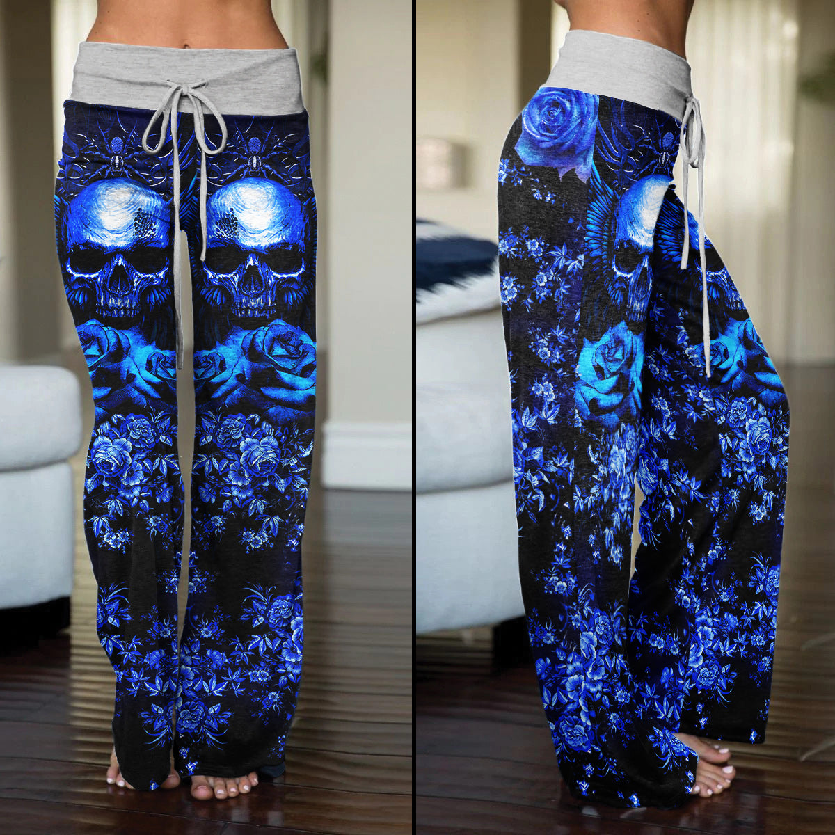 Dark Blue Skull Gothic Women's High-waisted Wide Leg Pants | Wonder Skull