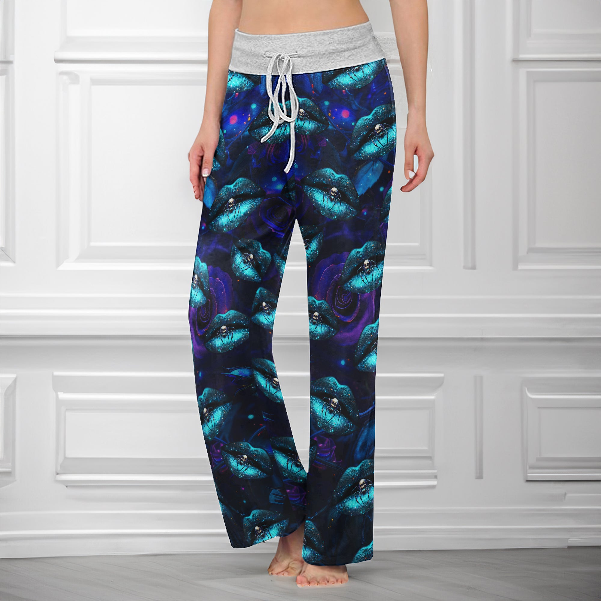 Cyan Skull Lip Rose Women's High-waisted Wide Leg Pants