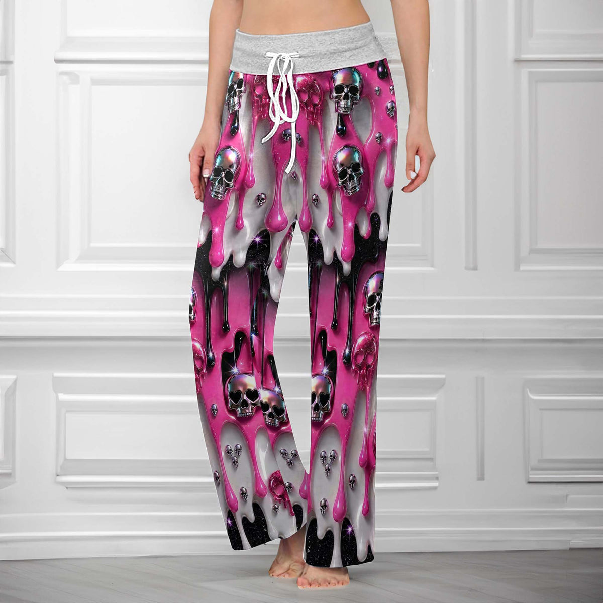 Pink Metallic Skull Lust Women's High-waisted Wide Leg Pants