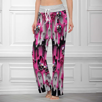 Pink Metallic Skull Lust Women's High-waisted Wide Leg Pants