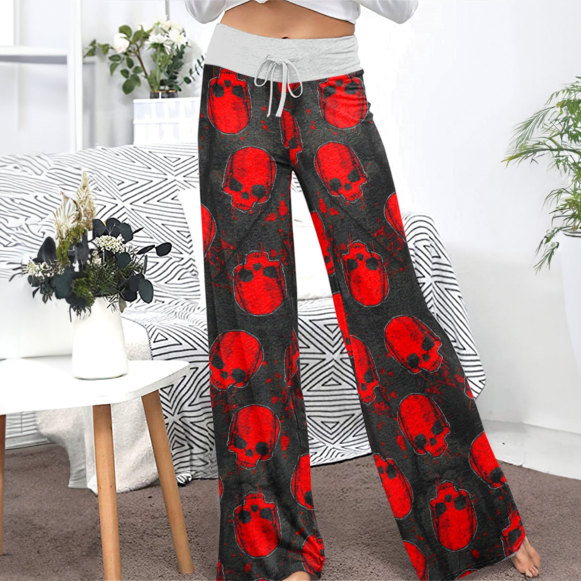 Dark Red Skull Forest Women's High-waisted Wide Leg Pants
