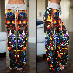 Fire Skull Floral Art Women's High-waisted Wide Leg Pants | Wonder Skull