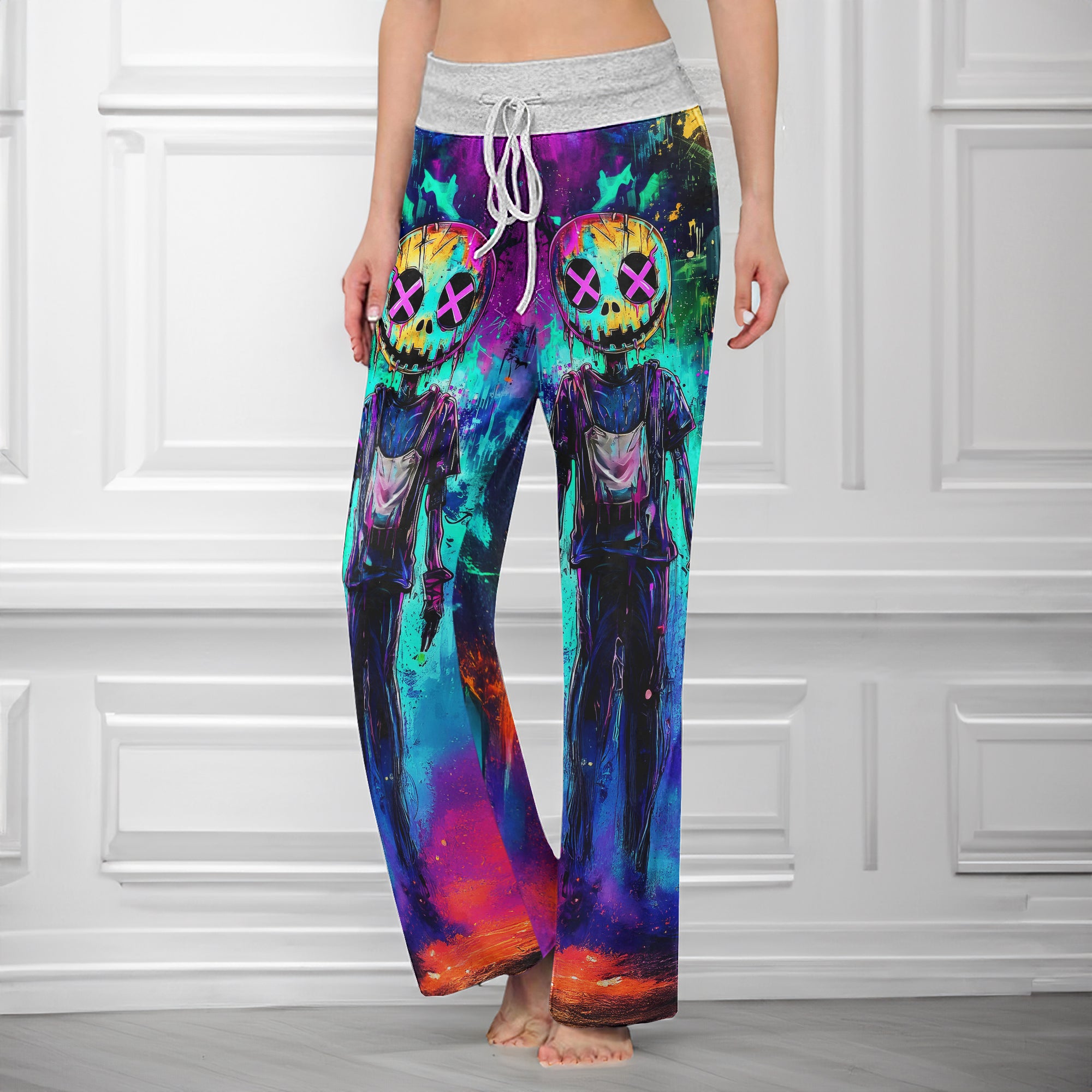 Colorful Nightamre Artwork Women's High-waisted Wide Leg Pants