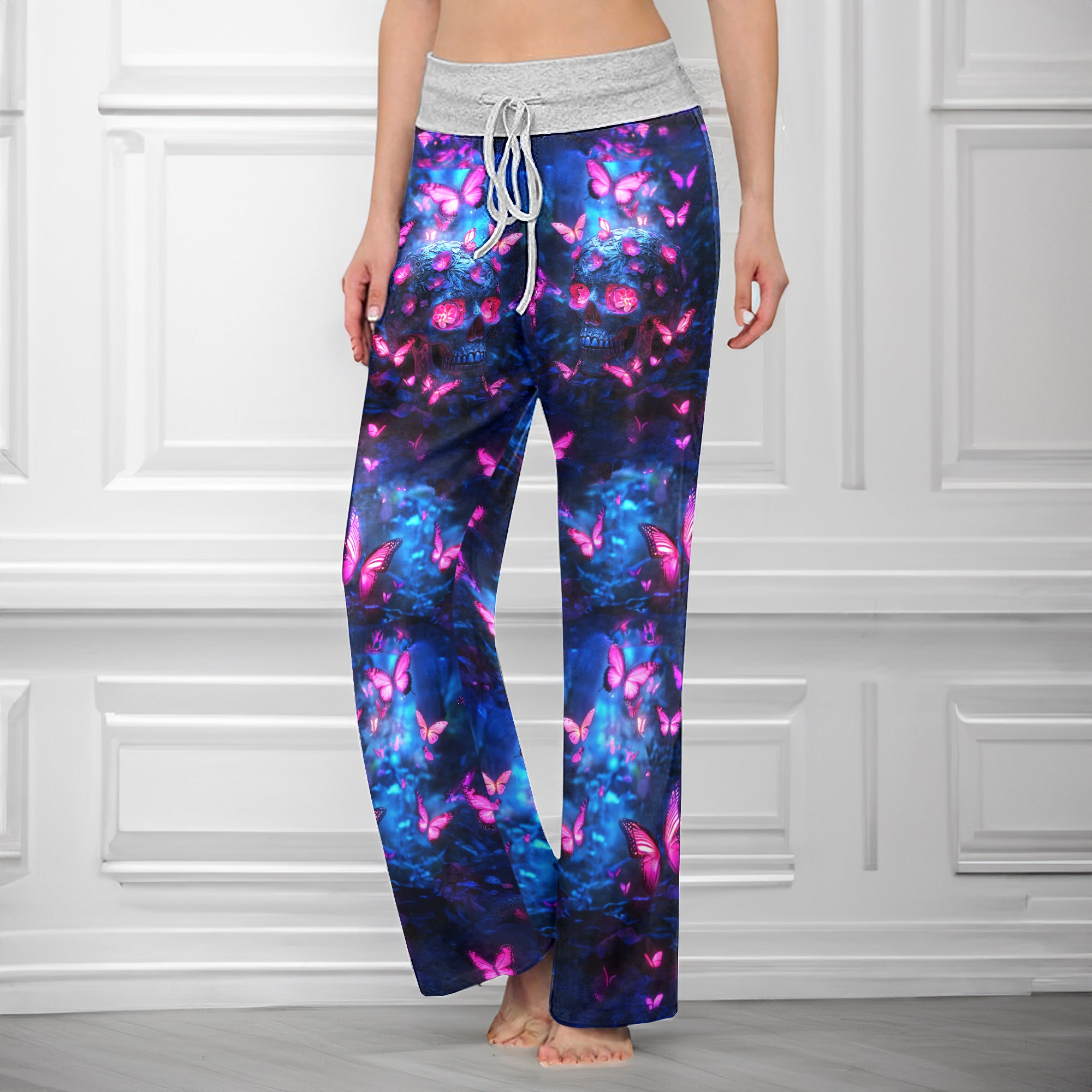 Neon Skull Butterfly Women's High-waisted Wide Leg Pants