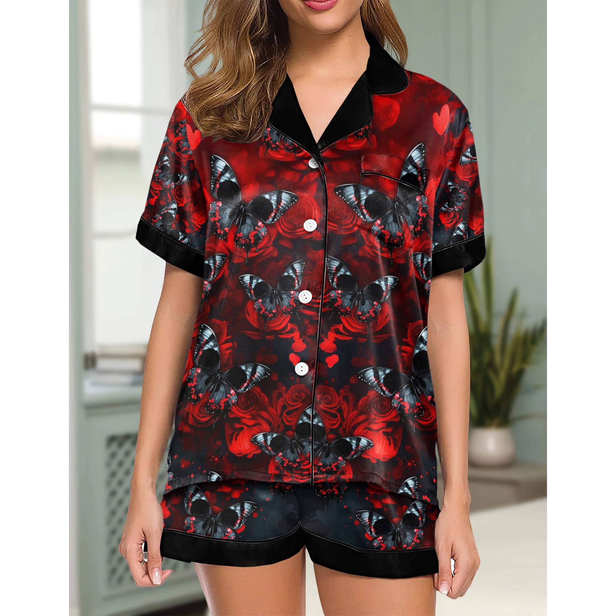 Red Butterfly Skull Women's Pajama Sets Top Sleeve & Short Bottom