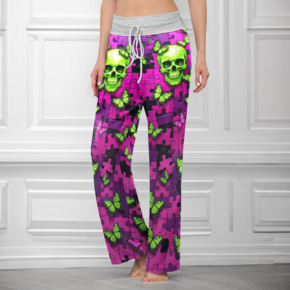 Neon Enigma Skull Butterfly Women's High-waisted Wide Leg Pants