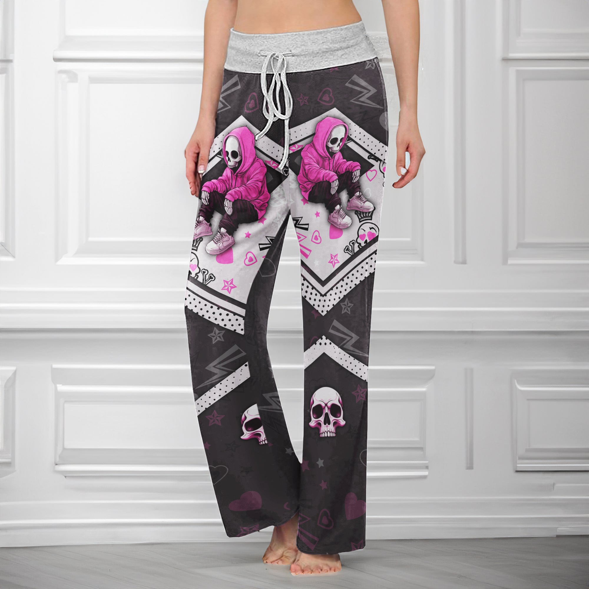 Pink Skeleton Art Pattern Lip Pattern Women's High-waisted Wide Leg Pants