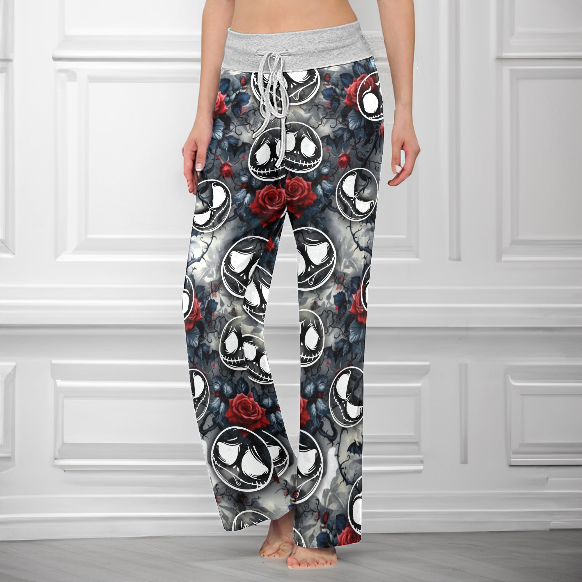 Gothic Skull Bloom Rose Women's High-waisted Wide Leg Pants
