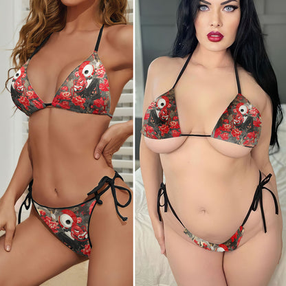 Skeleton Red Flower Art Micro Triangle Bikini Swimsuit