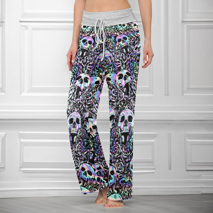 Holographic Skull Rose Women's High-waisted Wide Leg Pants