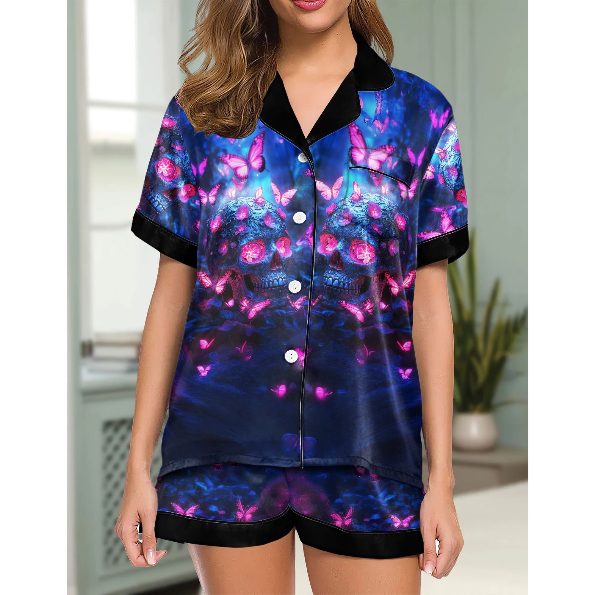 Neon Skull Butterfly Women's Pajama Sets Top Sleeve & Short Bottom