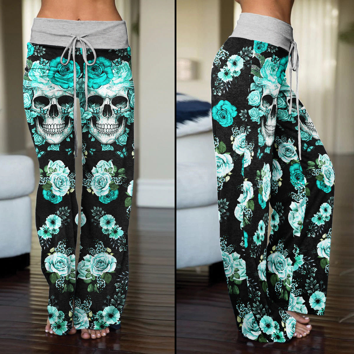 Cyan Skull Floral Art Women's High-waisted Wide Leg Pants | Wonder Skull