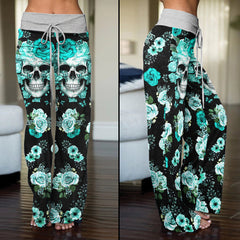 Cyan Skull Floral Art Women's High-waisted Wide Leg Pants | Wonder Skull