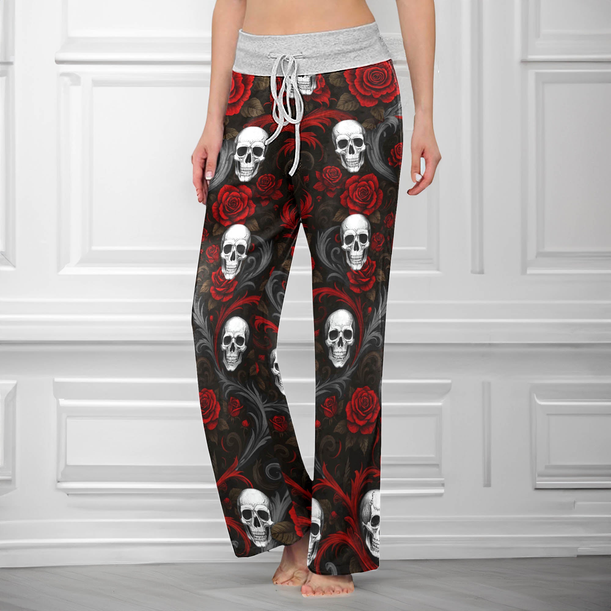 Baroque Blood Skull Roses Women's High-waisted Wide Leg Pants