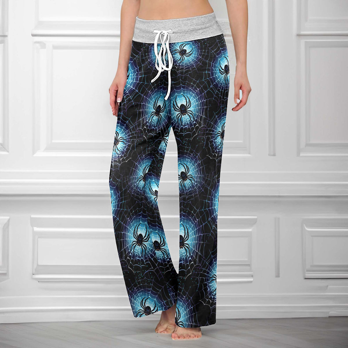 Neon Cyan Arachnid Web Women's High-waisted Wide Leg Pants