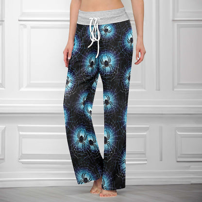 Neon Cyan Arachnid Web Women's High-waisted Wide Leg Pants