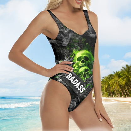 One Piece Bikini Green Smoke Skull Print Swimwear