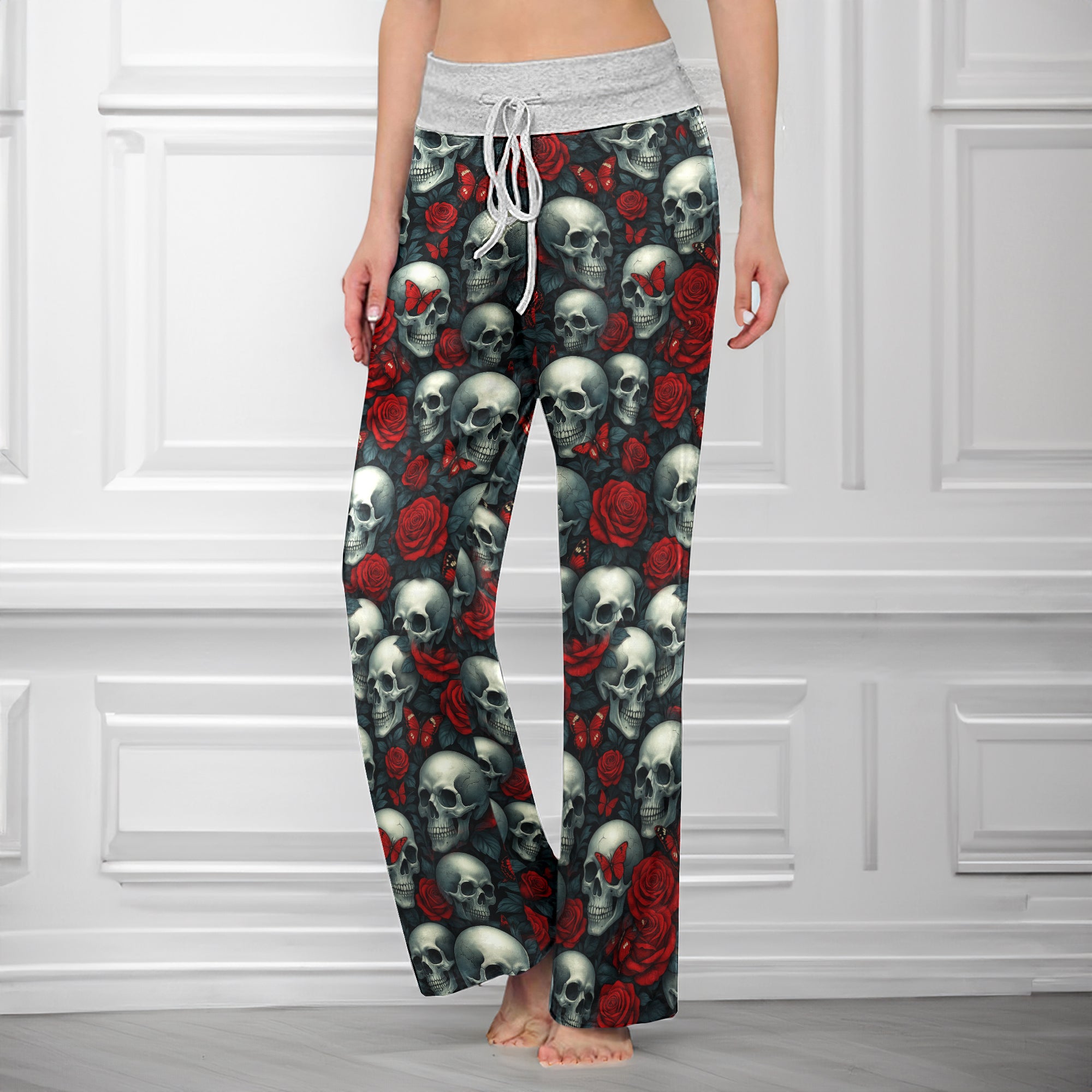 Skull Rose Gothic Seamless  Women's High-waisted Wide Leg Pants
