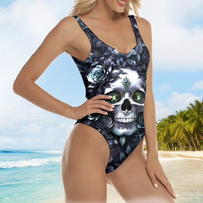 One Piece Bikini Gothic Rose Skull Print Swimwear