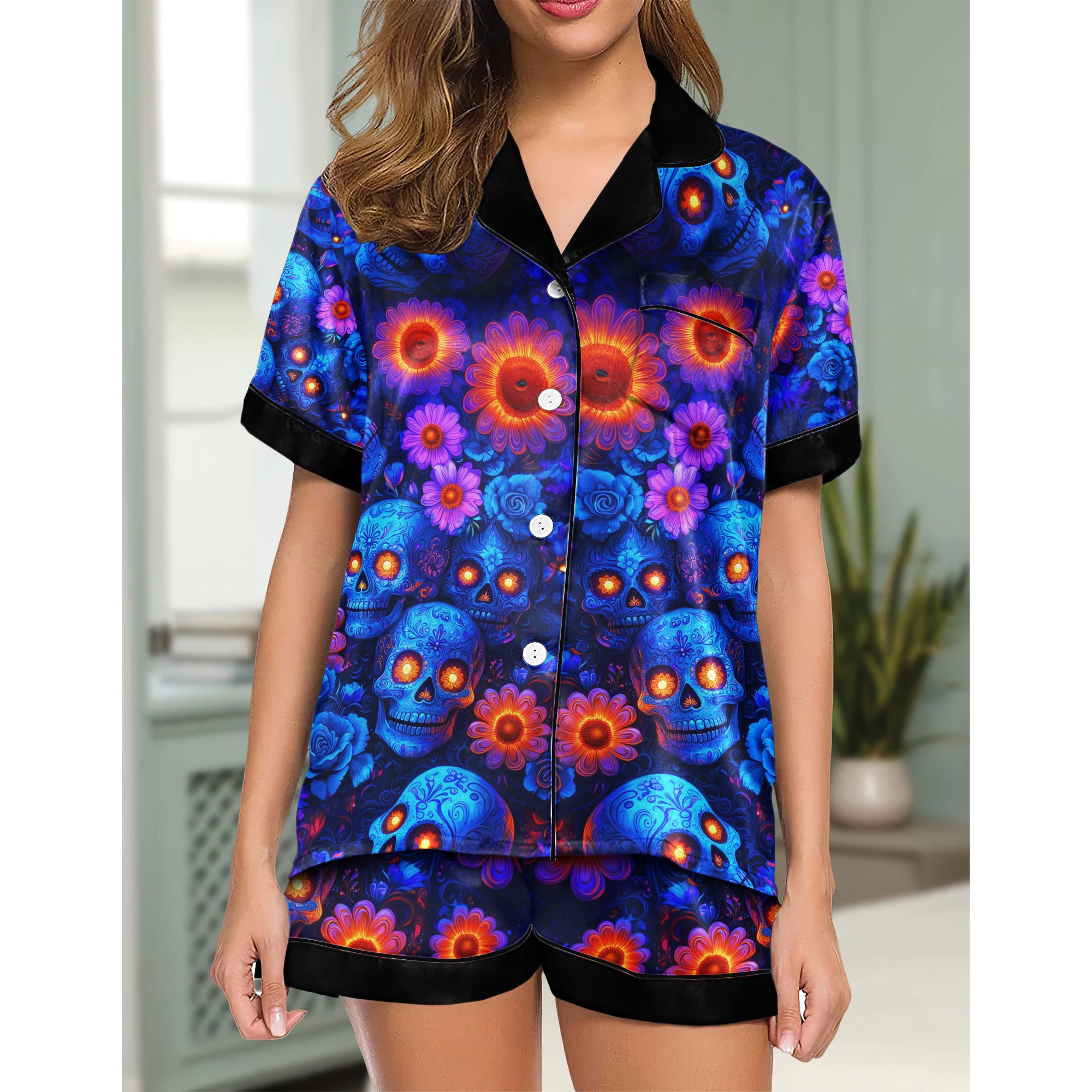 Blue Skull Flower Women's Pajama Sets Top Sleeve & Short Bottom