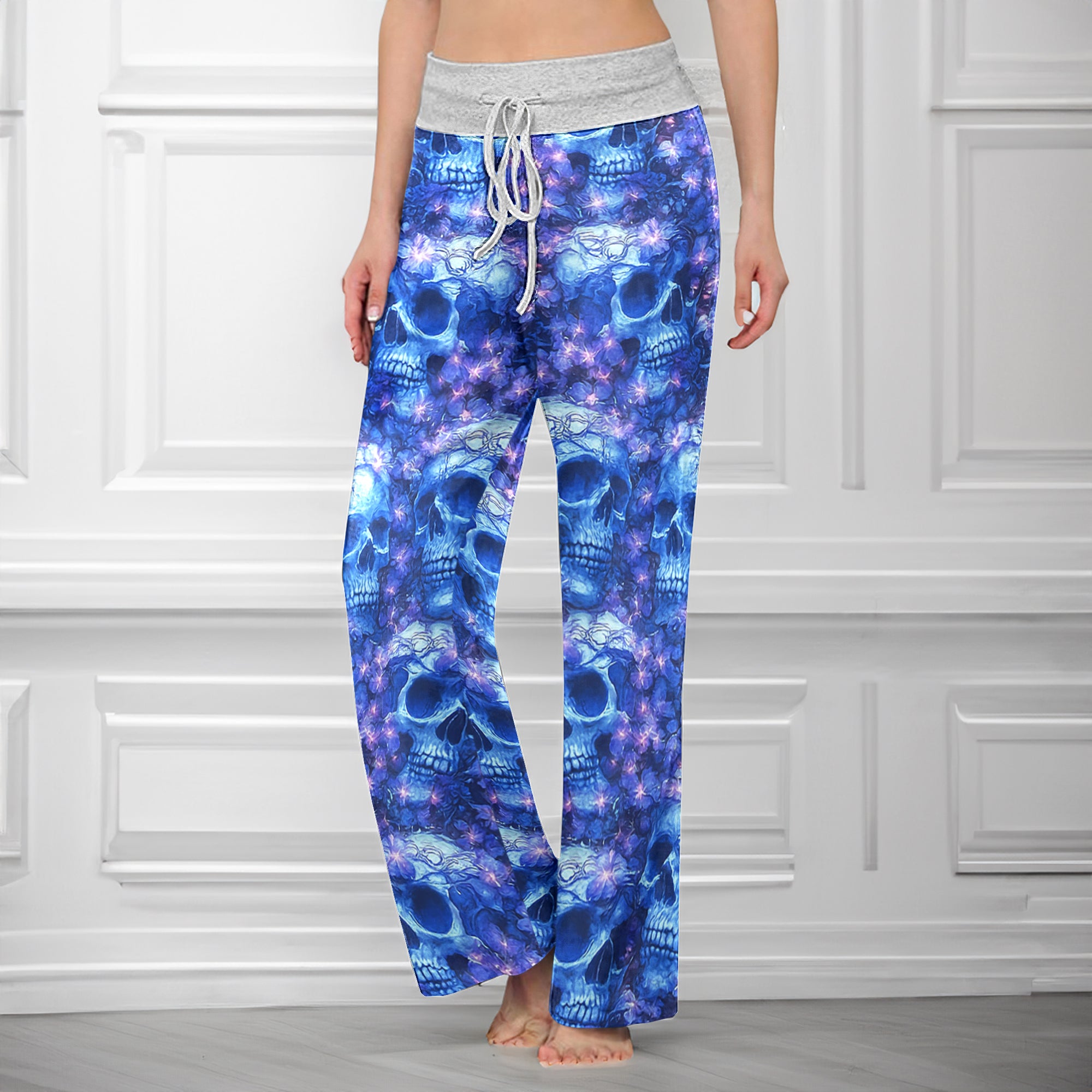 Blue Skull Orchid Pattern Women's High-waisted Wide Leg Pants