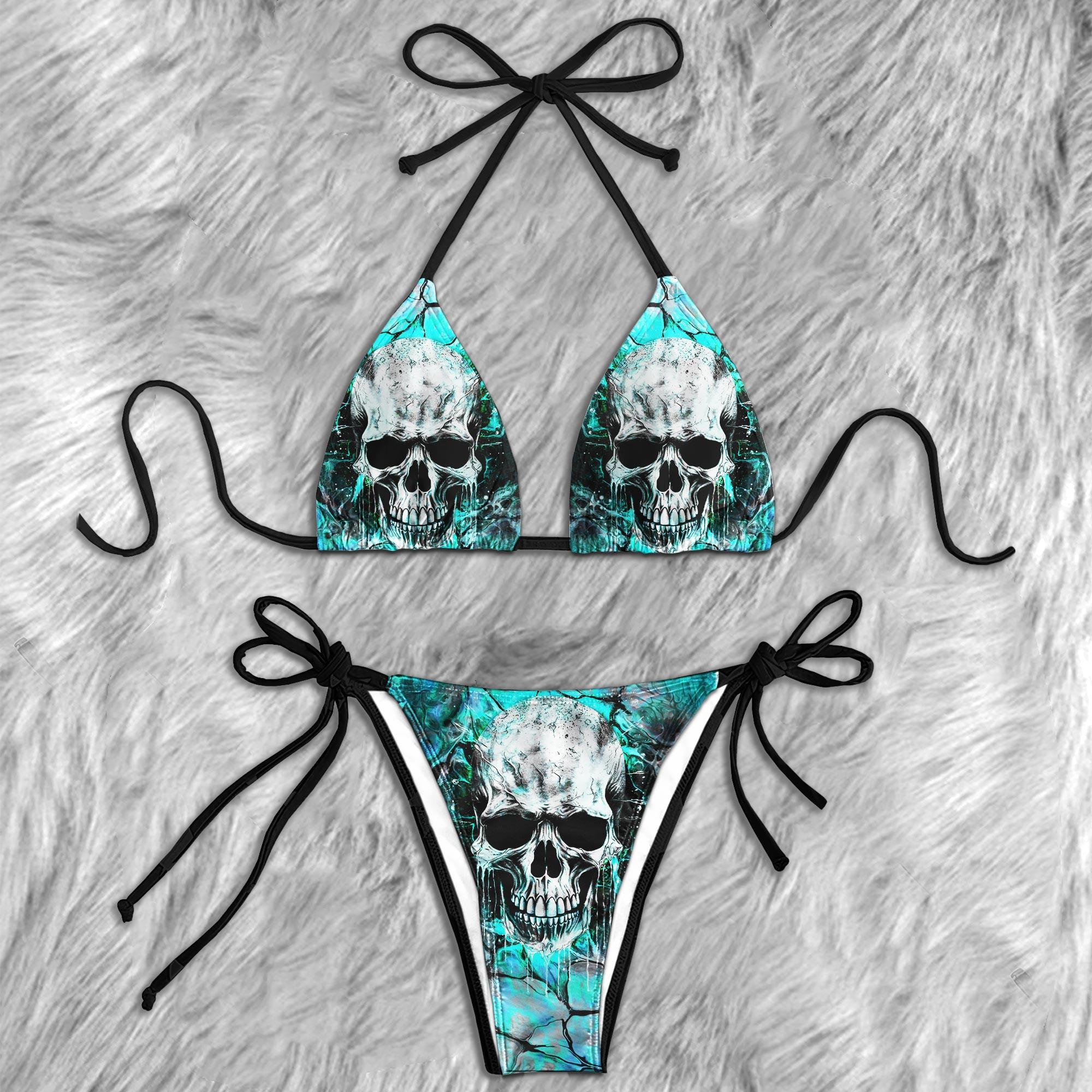 Blue Green Skull Dark Gothic Micro Triangle Bikini Swimsuit - Wonder Skull