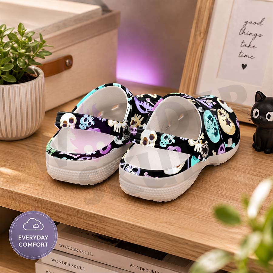 Wonder Skull Lightweight Clog Sandals are designed for all-day comfort. Featuring breathable ventilation holes, a cushioned footbed, and a pivoting heel strap, these versatile unisex clogs are perfect for use at home, outdoors, or at work — whatever your profession may be.