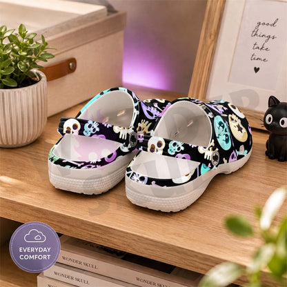 Wonder Skull Lightweight Clog Sandals are designed for all-day comfort. Featuring breathable ventilation holes, a cushioned footbed, and a pivoting heel strap, these versatile unisex clogs are perfect for use at home, outdoors, or at work — whatever your profession may be.