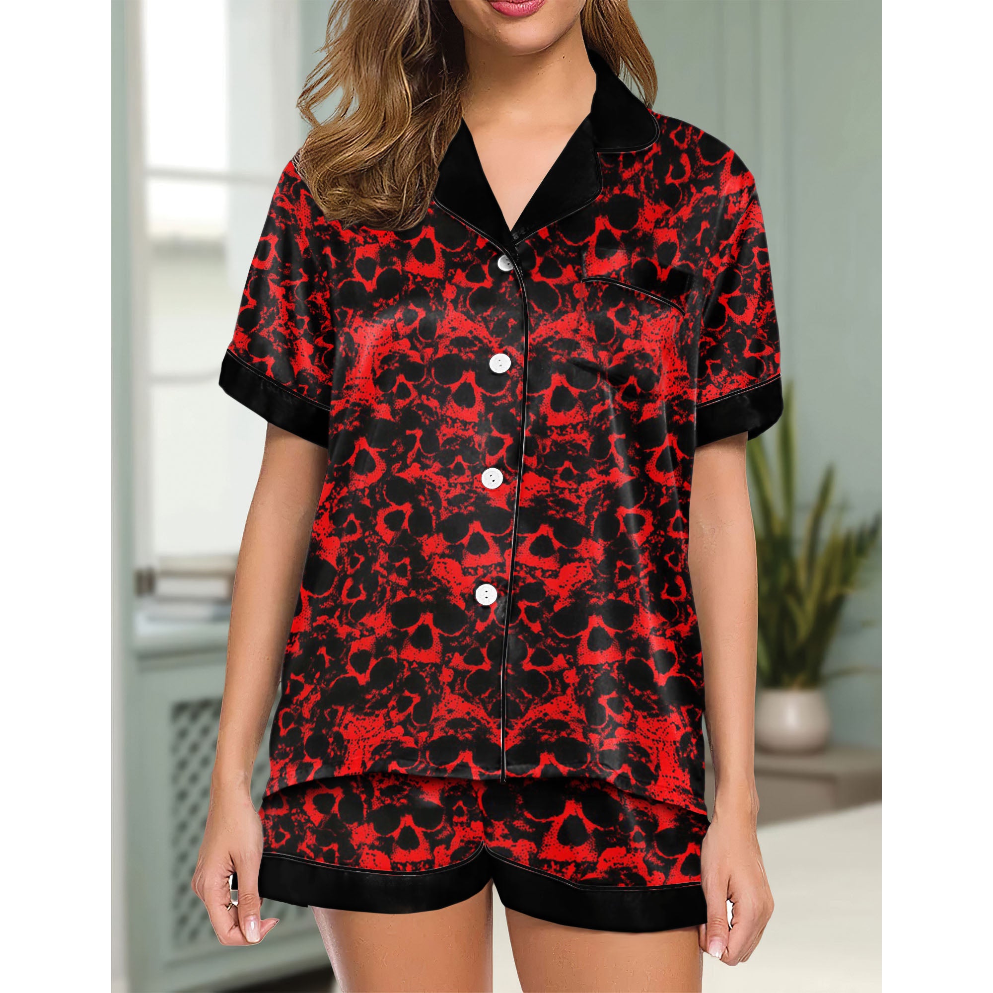 Red Skull Pattern Women's Pajama Sets Top Sleeve & Short Bottom