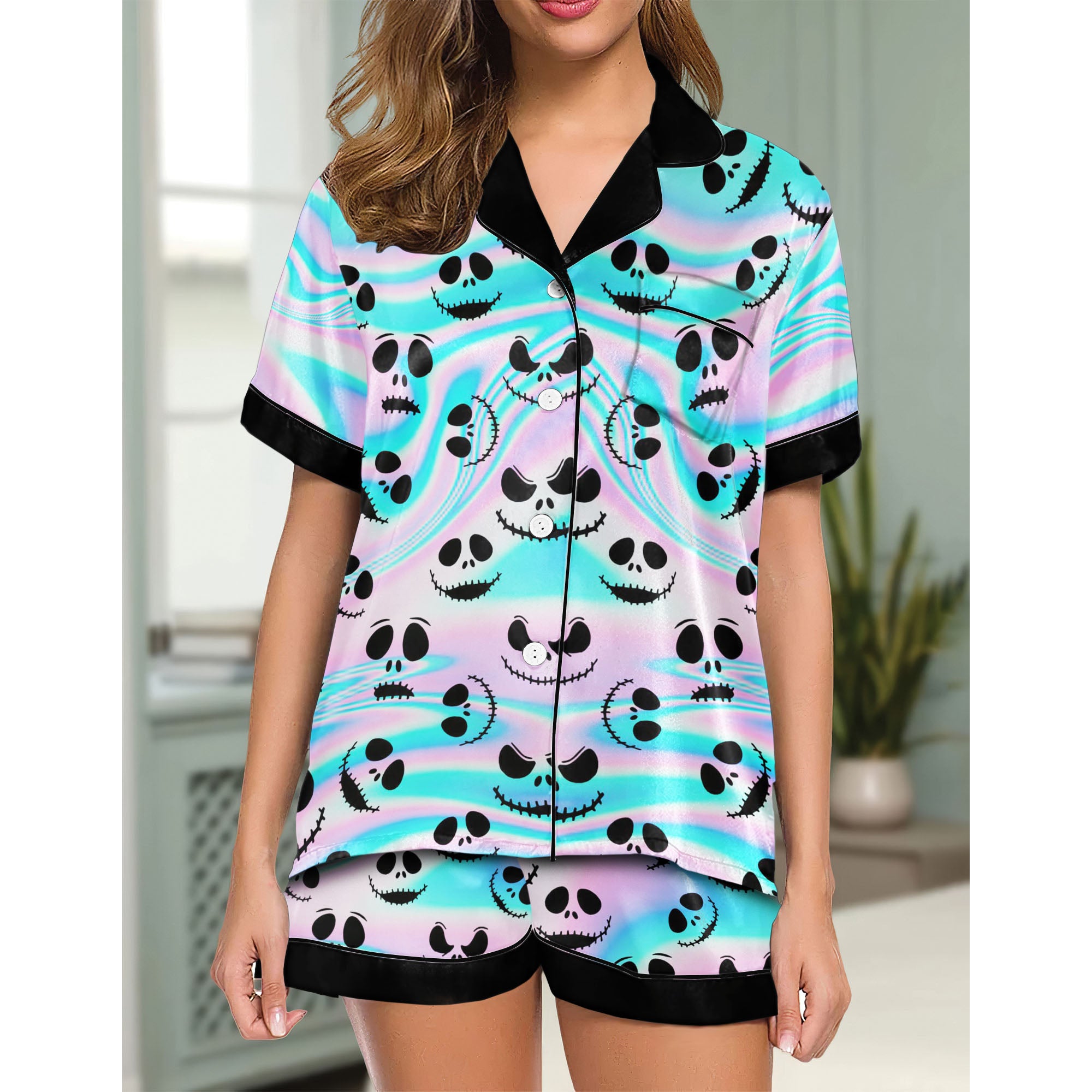 Holographic Pattern Women's Pajama Sets Top Sleeve & Short Bottom