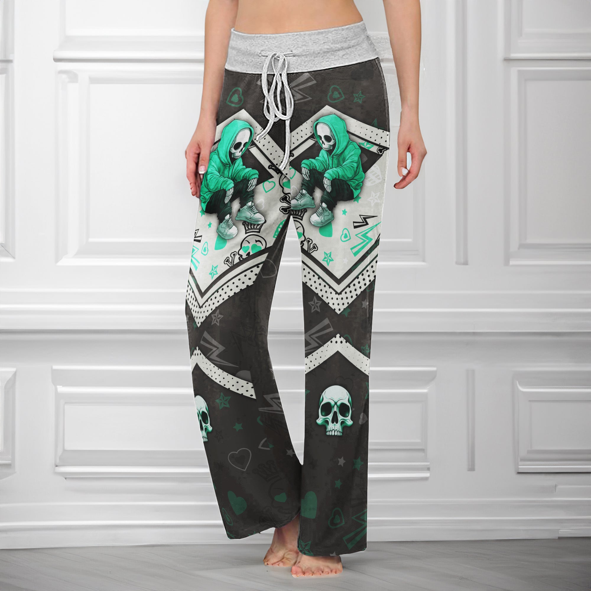 Green Skull Lip Pattern Women's High-waisted Wide Leg Pants