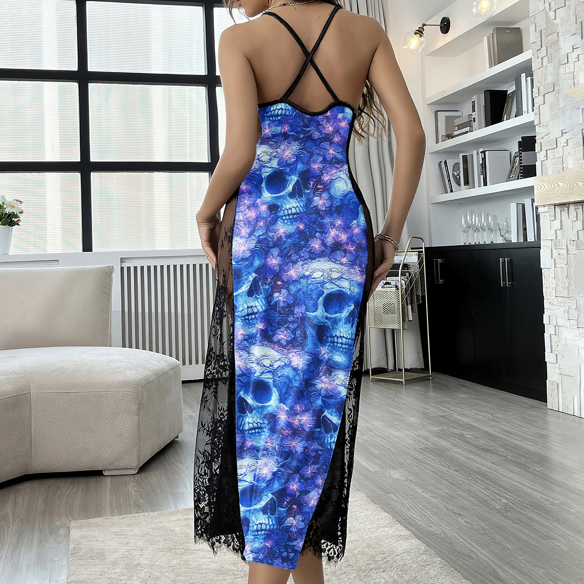 Abstract Flower Skull Pattern Women's Lace Cami Sleepwear