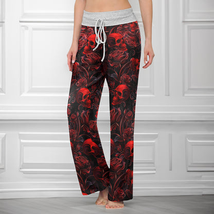 Red Skull & Rose Tapestry Women's High-waisted Wide Leg Pants