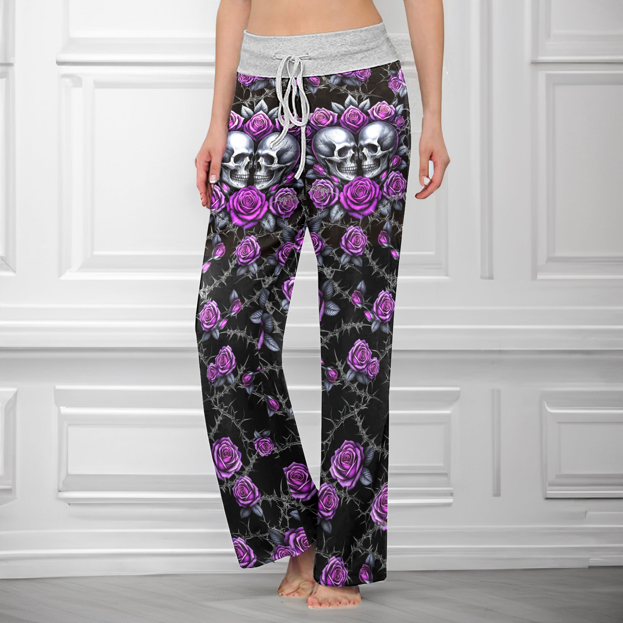 Purple Couple Skull Rose Women's High-waisted Wide Leg Pants