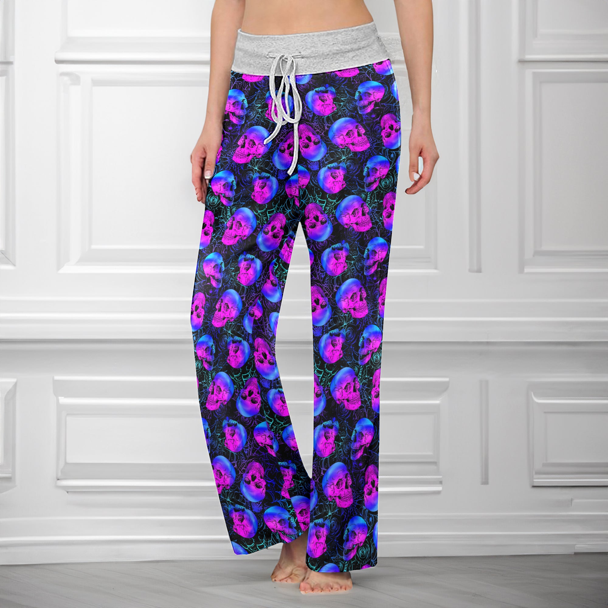 Gothic Neon Skull Webs Women's High-waisted Wide Leg Pants