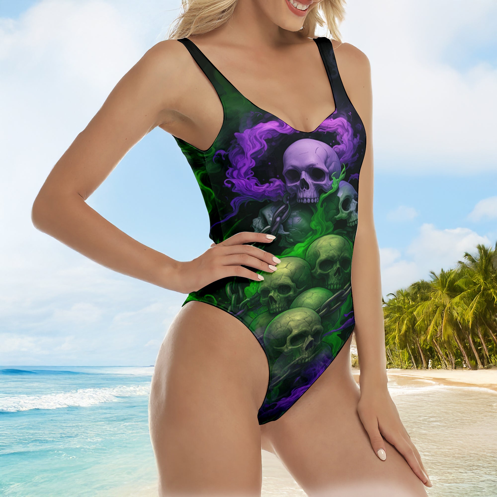 One Piece Bikini Hexed Chains Skull Print Swimwear