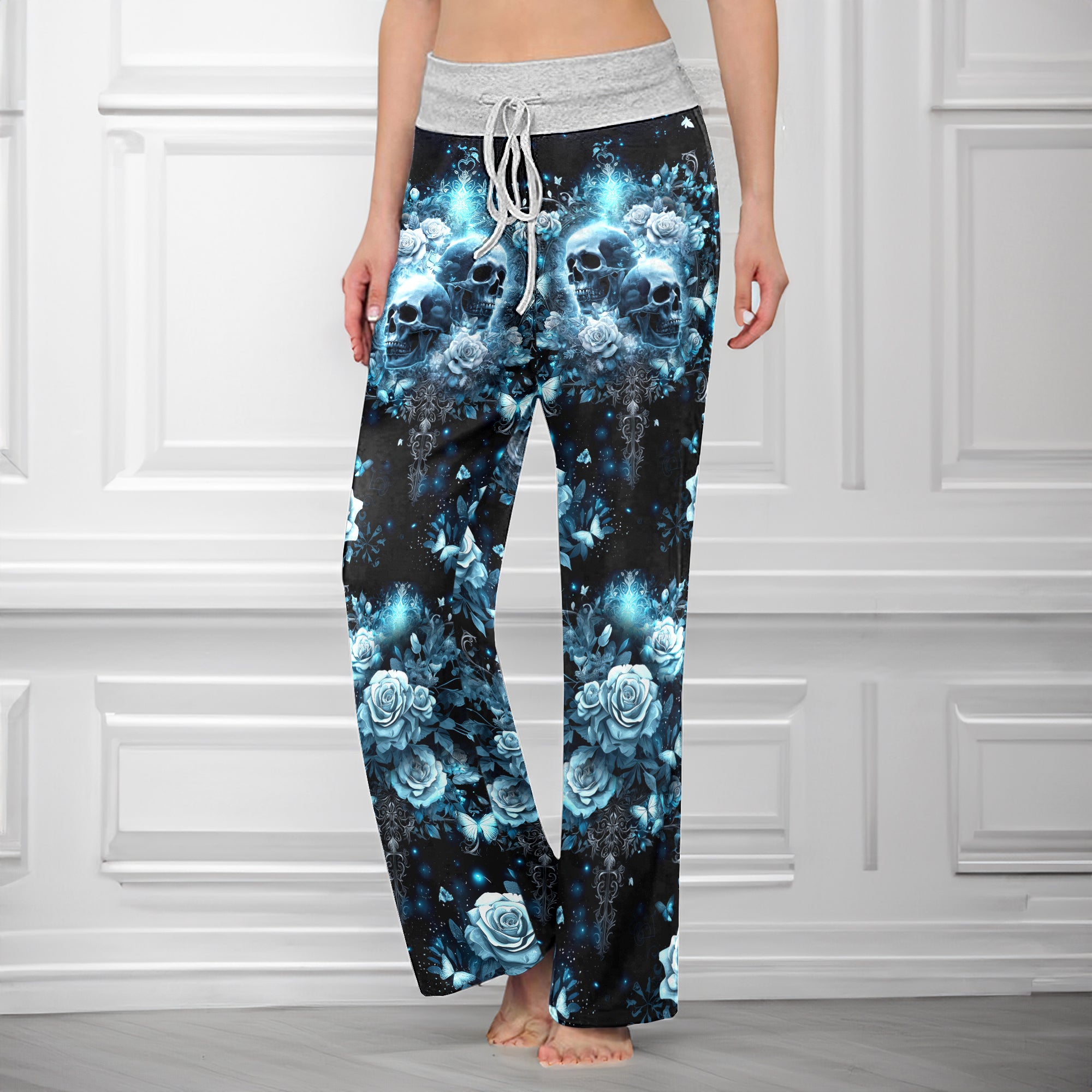 Cyan Galaxy Skull Rose Women's High-waisted Wide Leg Pants