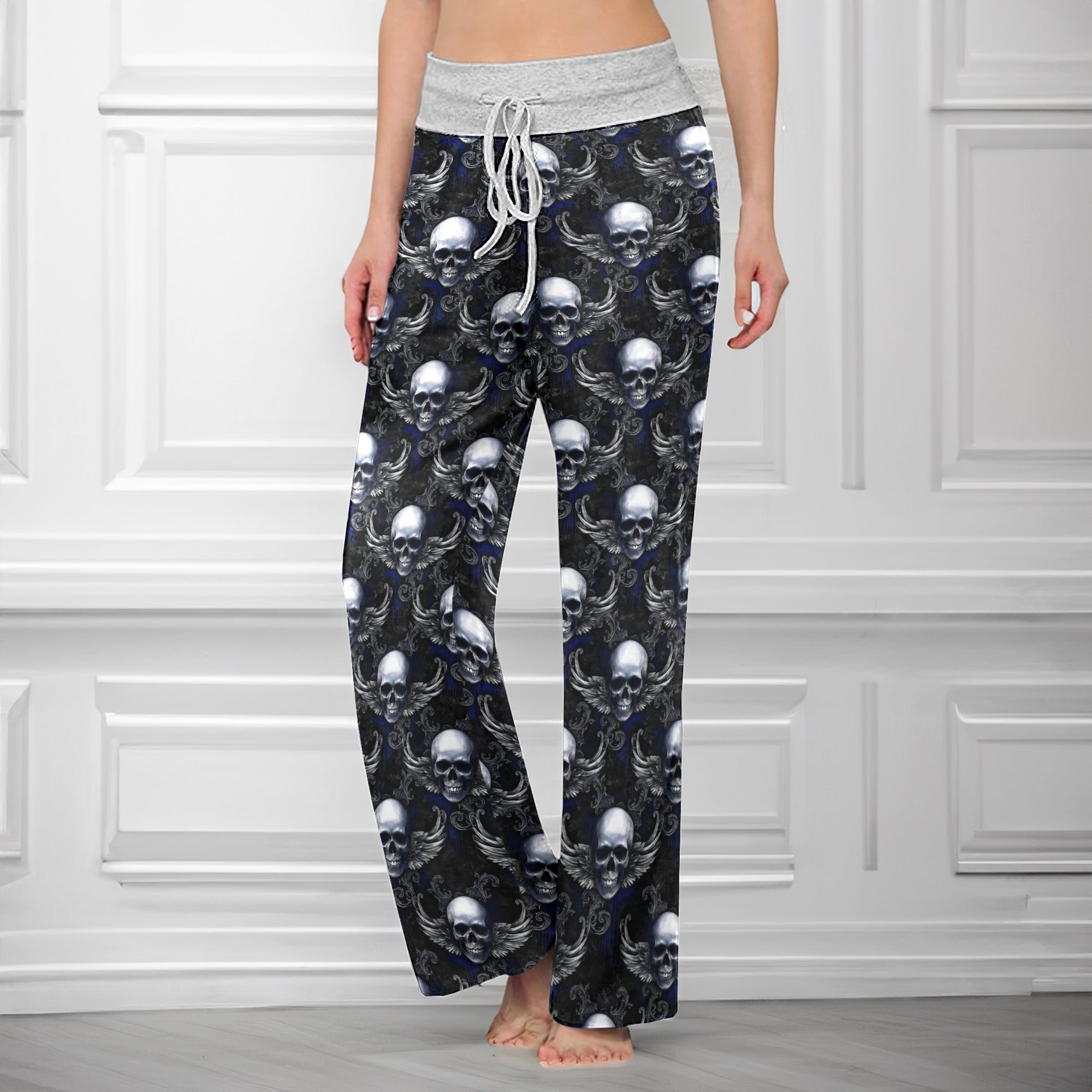 Gothic Winged Skull Damask Women's High-waisted Wide Leg Pants