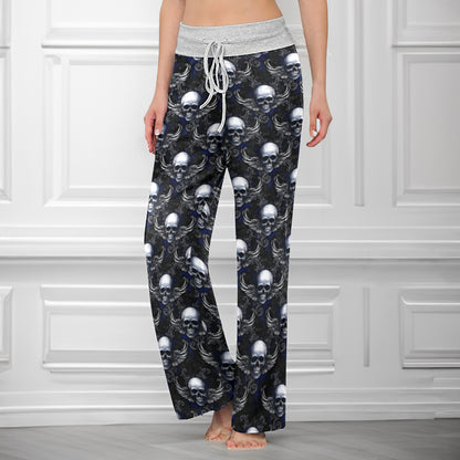 Gothic Winged Skull Damask Women's High-waisted Wide Leg Pants
