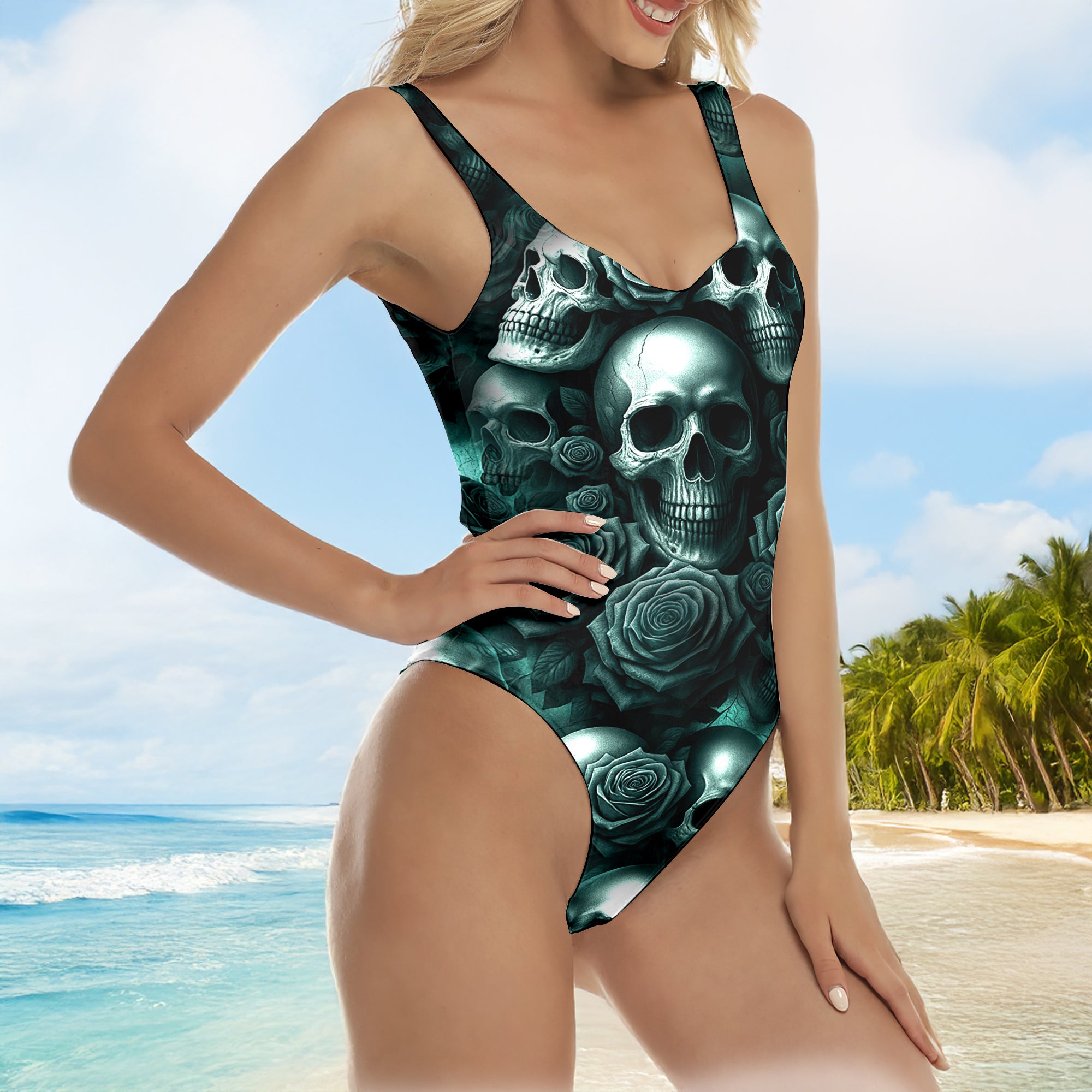 One Piece Bikini Dark Skulls Rose Print Swimwear