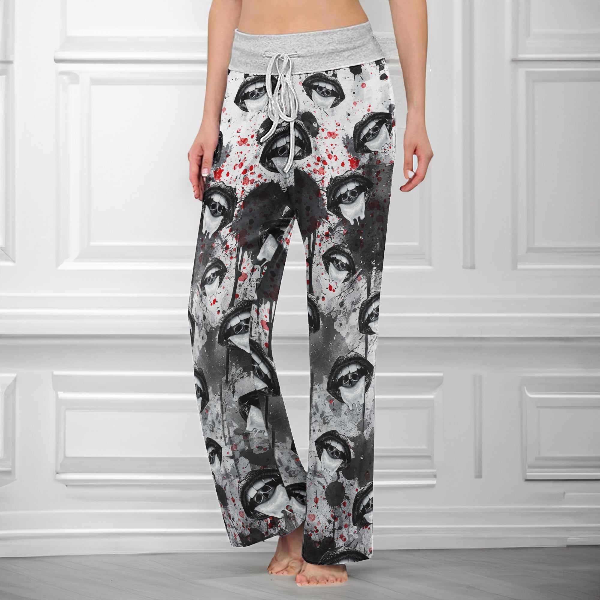 Black Skull Lip Pattern Women's High-waisted Wide Leg Pants
