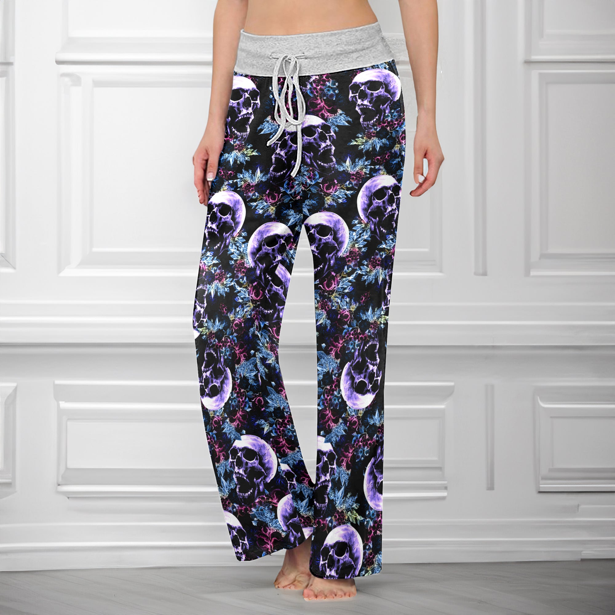 Violet Grunge Floral Skull Women's High-waisted Wide Leg Pants