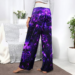 Purple Rose Skull Abstract Women's High-waisted Wide Leg Pants | Wonder Skull