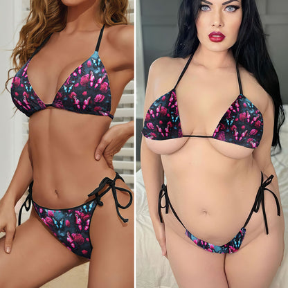 Pink Skull Butterfly Pattern Micro Triangle Bikini Swimsuit
