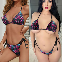 Pink Skull Butterfly Pattern Micro Triangle Bikini Swimsuit