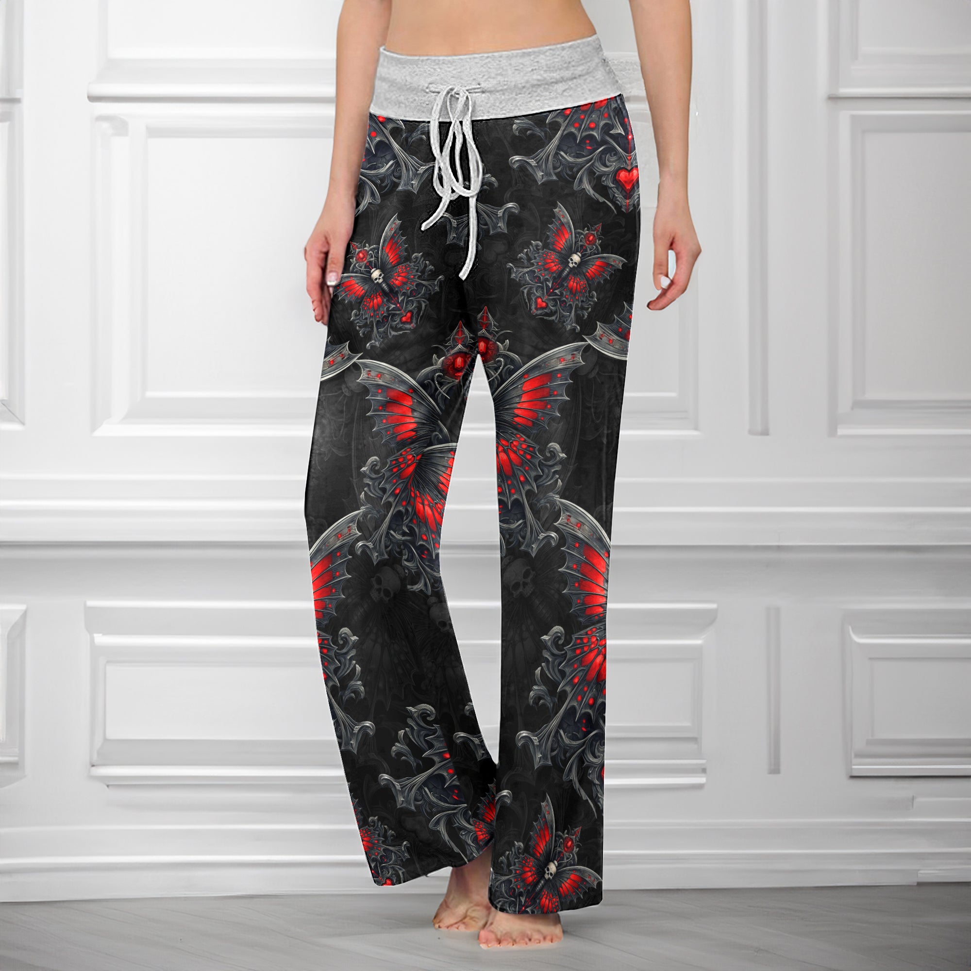 Butterfly Skull Heart Thorns Women's High-waisted Wide Leg Pants